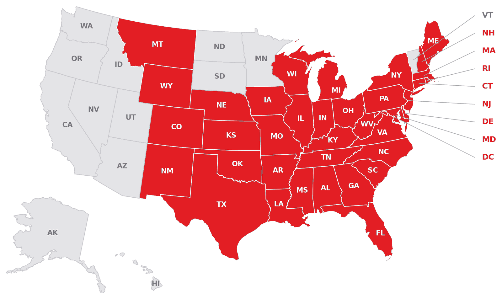 Map of the United States with the 37 states REDLending lends in, plus the District of Columbia, shown in red.